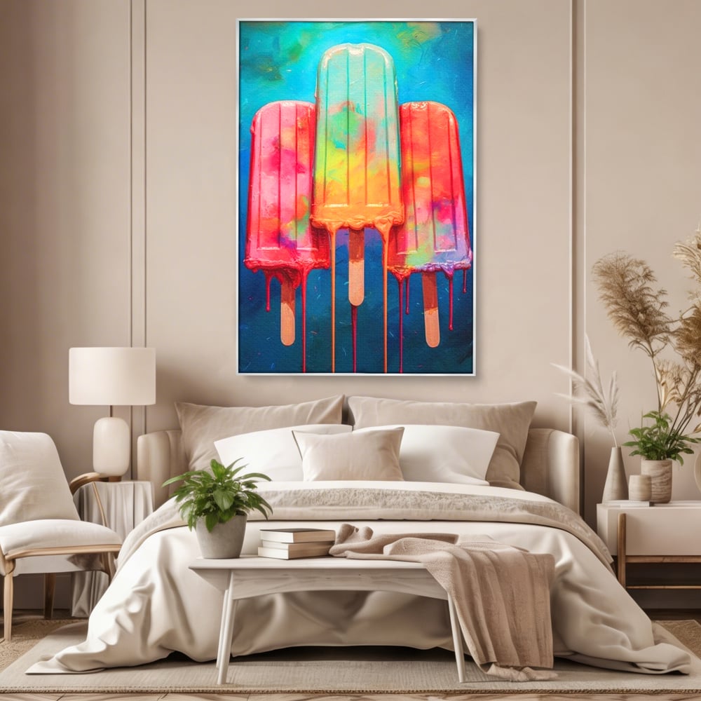 Tablou canvas cu pictura digitala cu trei inghetate pe bat colorate, in rama de aluminiu argintiu, pe perete intr-un dormitor